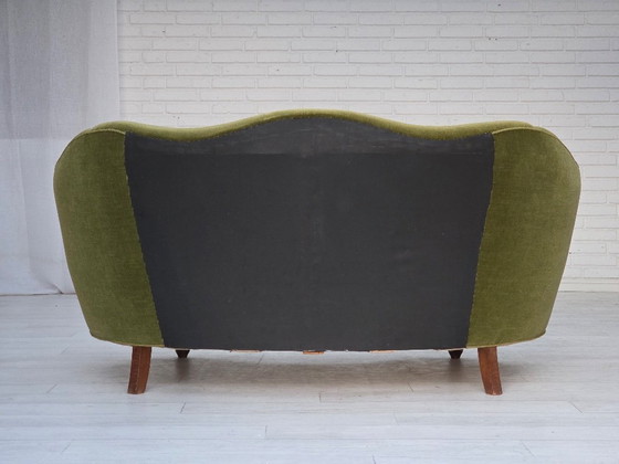 Image 1 of 1960s, Danish Curved 2-Seater Sofa, Green Furniture Velour, Oak Wood Legs