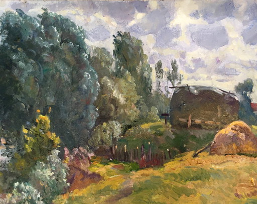 Originales Ölgemälde: Ländliche Landschaft in Flussnähe