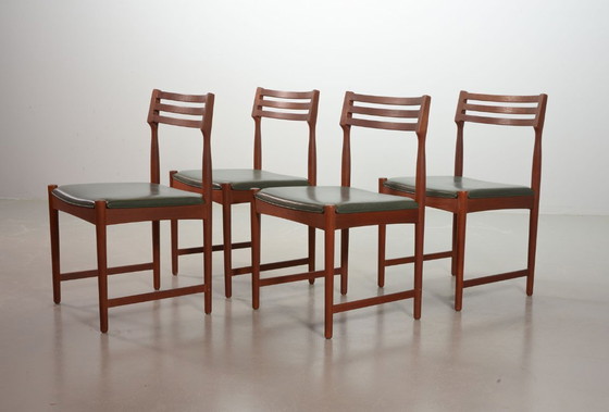 Image 1 of Vintage Design Teak Wooden Dining Chairs with Racing Green Leather Seatings Designed by Severin Hansen for Bovenkamp. Set of 4.