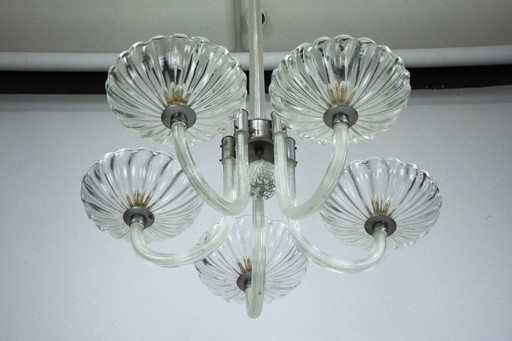 Rare Art Deco Italian Five-Arm Murano Glass Chandelier attributed to Seguso, 1940s