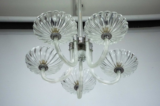 Image 1 of Rare Art Deco Italian Five-Arm Murano Glass Chandelier attributed to Seguso, 1940s
