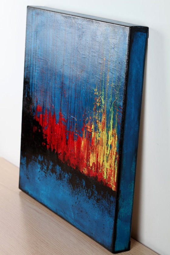 Image 1 of Contemporary abstract artwork in blue, red,black, yelow on stretched canvas
