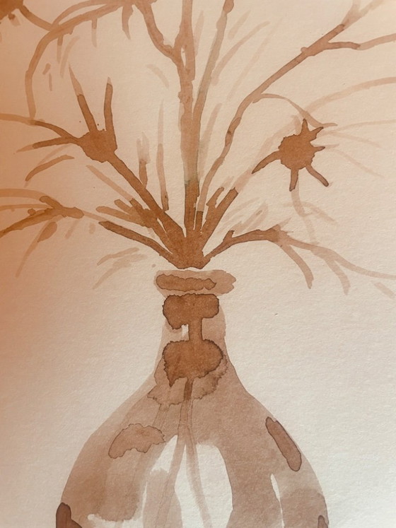 Image 1 of Signed painting, still life "dried flowers", monochrome watercolor