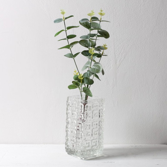Image 1 of Vintage Mid-century Clear Pressed Glass Vase Taalari by Tamara Aladin / Riihimäen Lasi Glassworks Finland / 1969