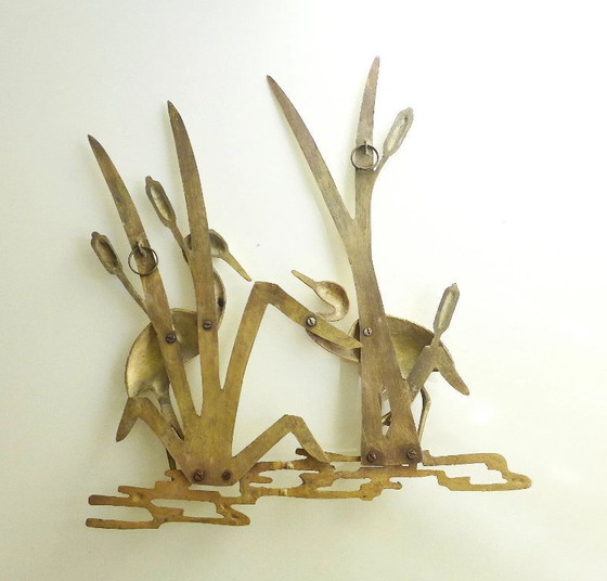 Image 1 of Decorazione murale vintage, gru dorate, quadro in ottone, anni '50, '60, '70, gioielli in ottone, Mid Century