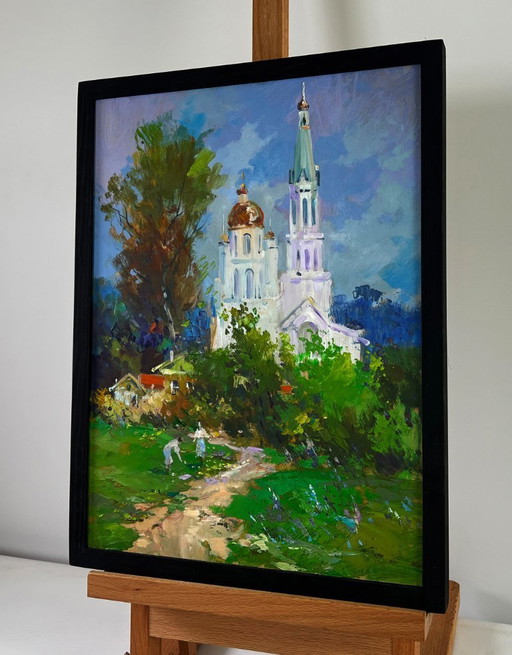 Original Oil Painting Summer Nature Landscape Church under a shining sky