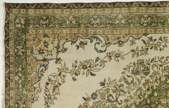 Vintage Turks tapijt 300x186 cm – Groot handgeknoopt wollen tapijt met zacht crèmekleurig en groen (photo 4 of 12)