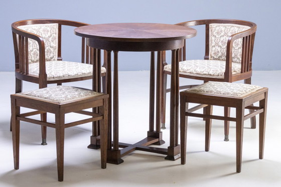 Image 1 of Art Nouveau Seating Set, Bentwood Table, Armchairs & Stools, circa 1910