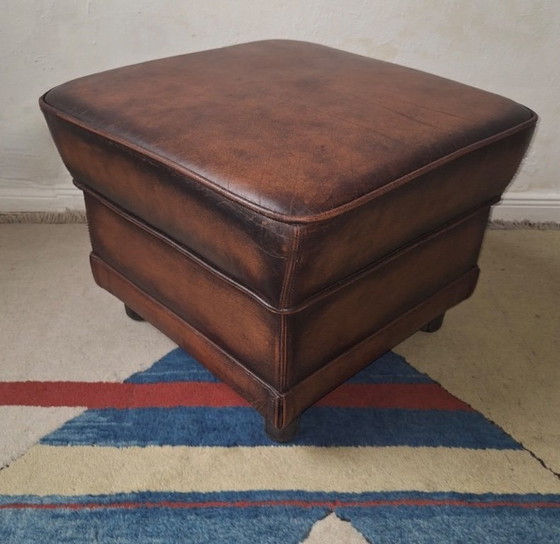 Image 1 of Grote vintage poef/ottoman van kastanjebruin leer