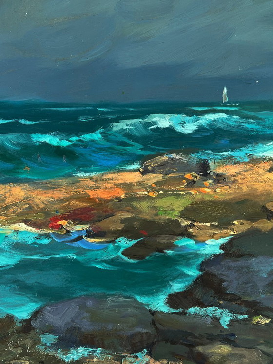 Image 1 of Dipinto ad olio originale: paesaggio marino, rocce, onde, tempesta, mare, costa nuvolosa.