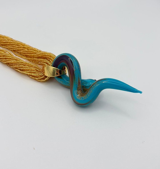 Image 1 of Murano Glass Chalcedony Snake Necklace with Gold Leaf – Venetian Handcrafted Sculpture