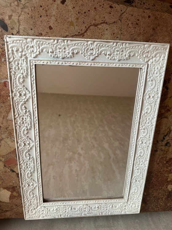 Specchio in legno sagomato bianco con decoro floreale, 37,5 × 26,5 cm, Vetro, Vintage (foto 2 di 13)
