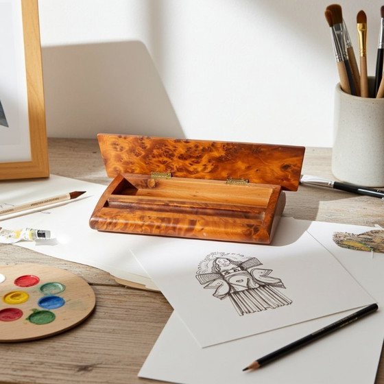 Image 1 of Antikes Federmäppchen mit Holzmesser aus Wurzelnussholz