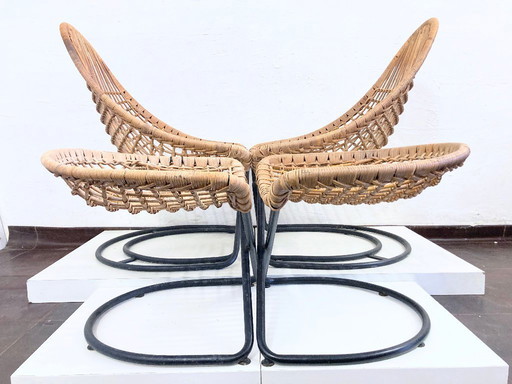 2 Sessel mit Hocker aus Rattan 60er Jahre Design