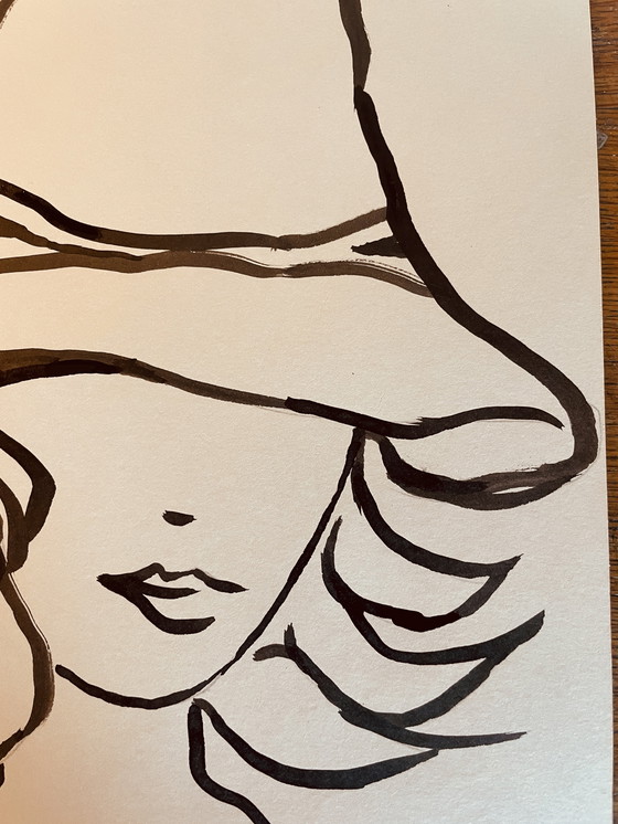 Image 1 of Retrato femenino de moda, "Sombrero", pintura firmada, grabado en tinta china