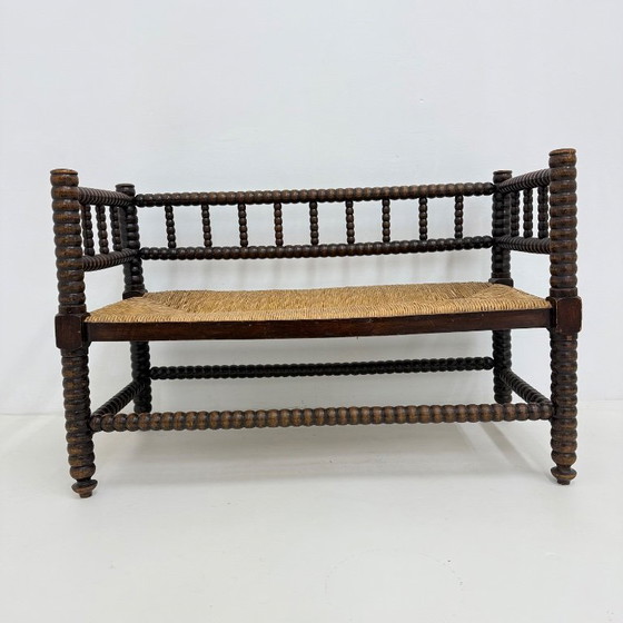 Wooden bench with bobbin legs and rush seat, Benches, Other, Brown, Vintage (photo 3 of 13)