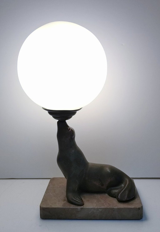 Art Deco sea lion lamp, marble, opaline metal