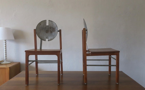 Image 1 of Brutalistische 6 Stühle und Esstisch aus Teakholz und patiniertem Stahl, 1960er Jahre