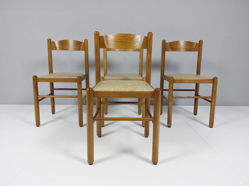 4 x Vintage Wooden Chairs with Beige Upholstery, 1960s - 70s