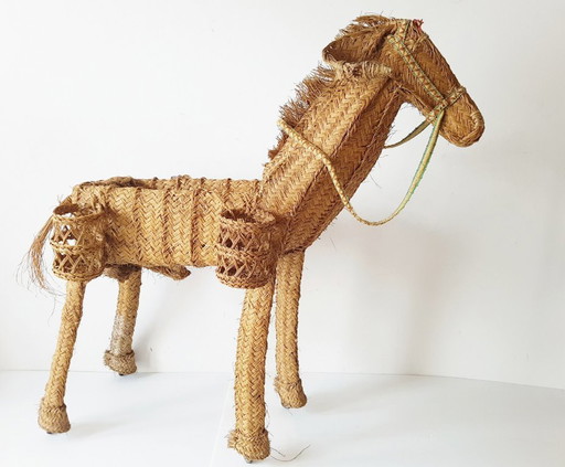 Esel-Pflanzgefäßständer auf Rädern, Vintage 1950er Jahre, Rattan, Weide, Stroh