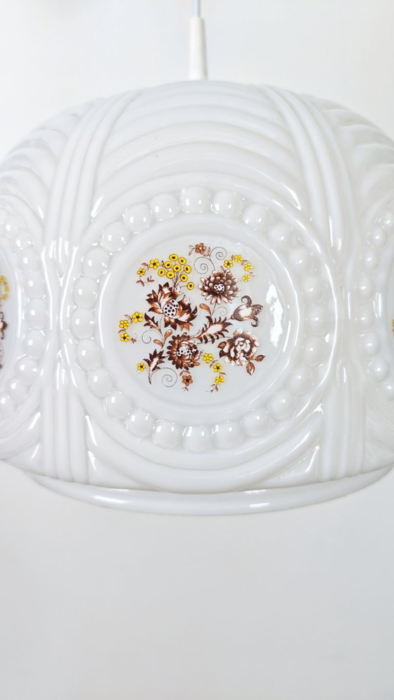 Image 1 of Vintage country-style kitchen pendant light from the 1970s, Yugoslavia, floral opal glass, hanging lamp, retro chandelier 