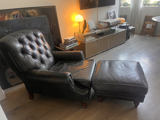 Image 1 of Vintage Chesterfield smoking chair with footstool