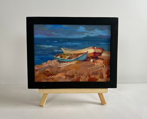 Original Oil Painting Evening Sea Landscape Calm evening sea