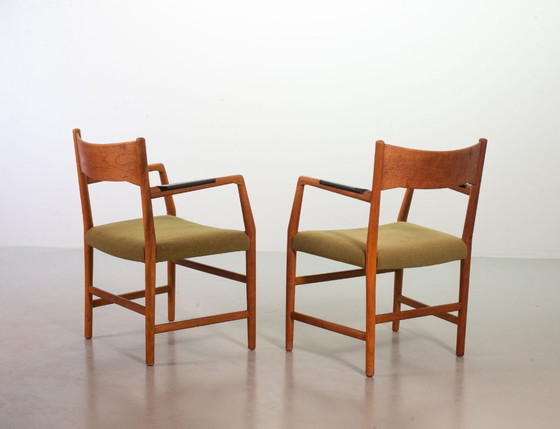 Image 1 of Set of Two Hans Wegner Mid-Century Design Famous Dining Chairs for Plan Mobler with Black Wooden armrests. Sweden, 1960s.