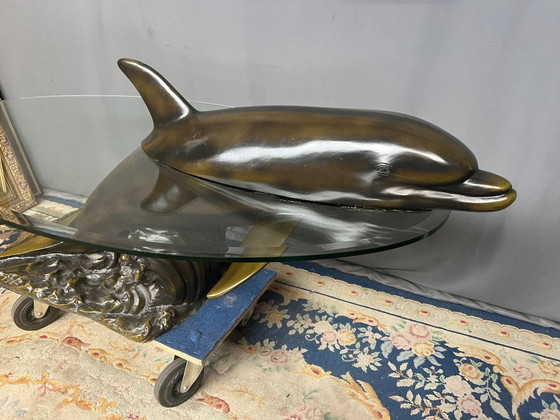Tavolino da caffè Delfino con piano in vetro, Tavolini da caffè, Bronzo, Marrone, Hollywood Regency (foto 3 di 6)