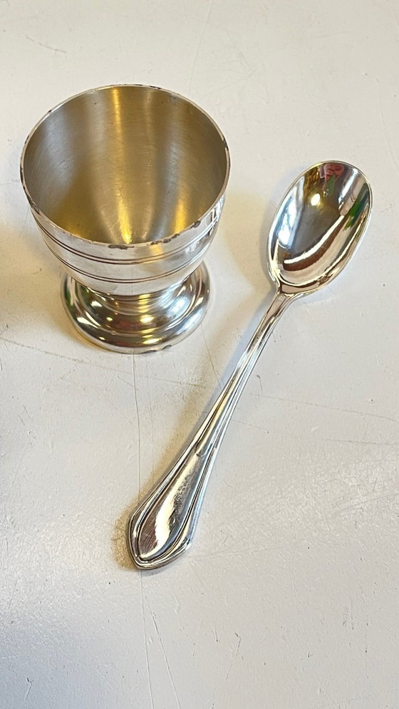 Image 1 of Vintage Silver-Plated Metal Egg Cup and Spoon for Birth