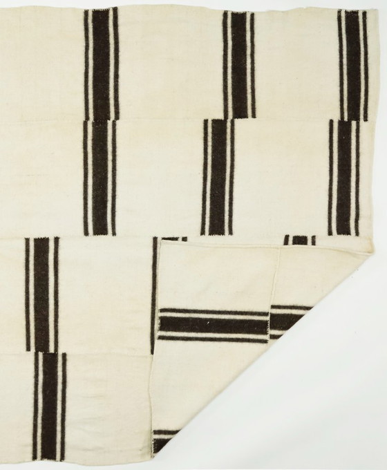 Minimal Vintage Anatolian Kilim – Cream & Black Striped Handwoven Wool Flatweave Rug 281 x 185 cm (photo 9 of 10)