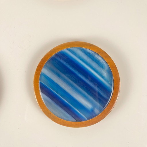 Set of 6 coasters in blue agate and wood, Midcentury modern