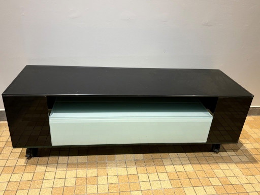 Modern Zwart Glazen TV-Meubel / Audiomeubel Op Wielen Met Frosted Glas Lade
