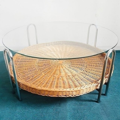 Vintage mid-century retro design salontafel rotan chroom glas riet 1970's