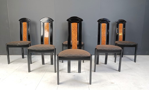 Set of 6 Burl Wood and Lacquer Dining Chairs, Set of 6 - 1980s