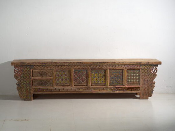 Antique Chinese carved fir low sideboard with ornate panels – Gansu, circa 1930 (photo 31 of 40)
