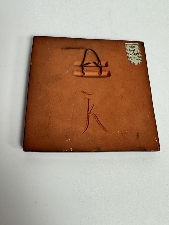 Image 1 of Small Square Ceramic Matte and High Gloss Glazed Tile with Greek Child, 1960s