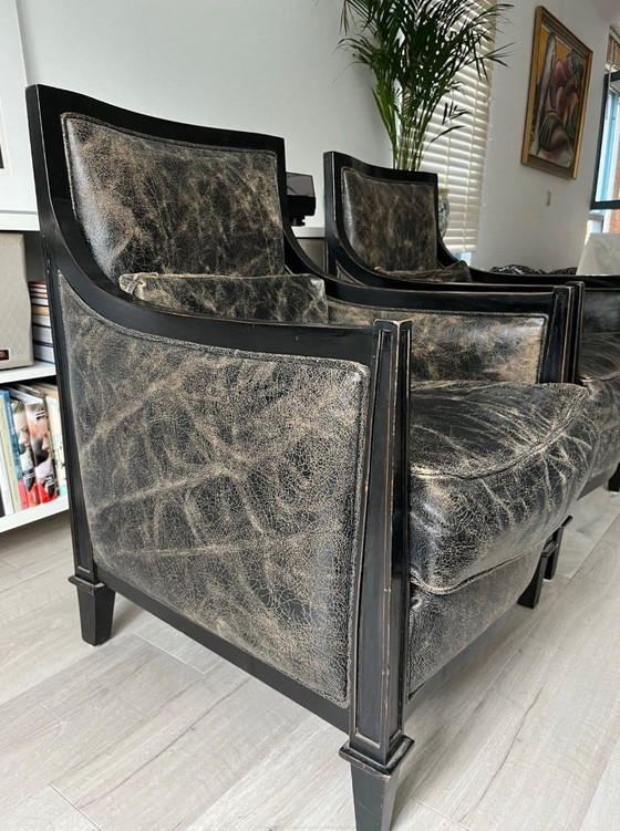 Lot de 2 Fauteuils Vintage en Cuir - Style Art Déco – Wood, Leather (photo 3 of 10)