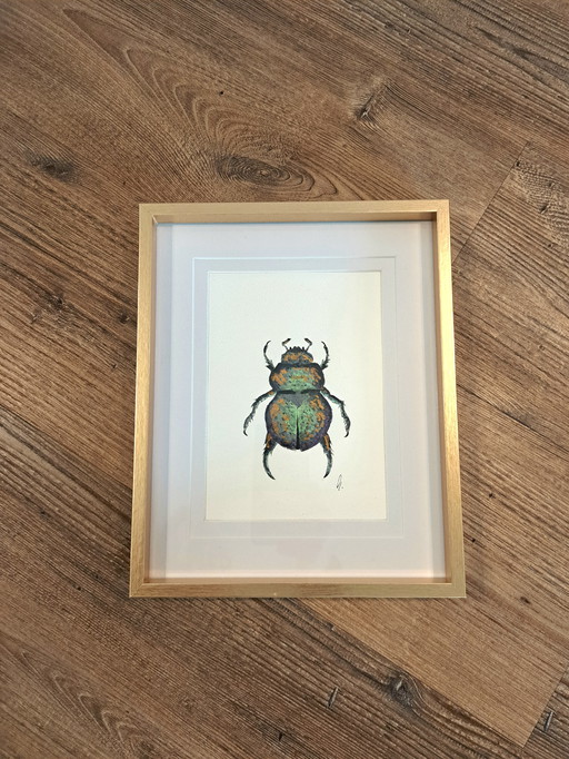 Watercolor painting Scarab green gold | Gold-colored frame
