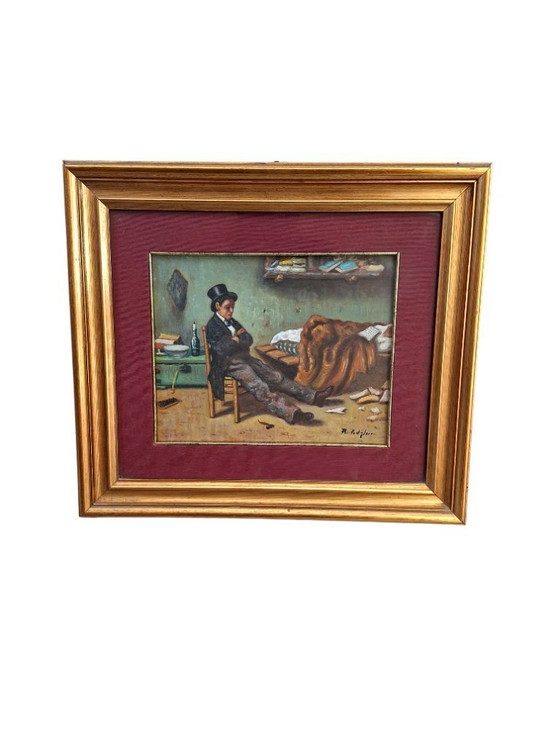 Image 1 of Author's Painting "The Poet" by A. Pontiglione, Vintage 1980s with Golden Frame