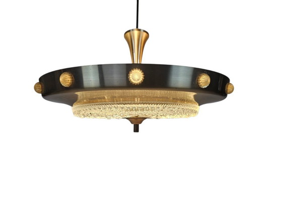 Image 1 of Lampada a sospensione UFO in stile Lakro - Vintage - 'Champagne gold' - vetro - anni '70