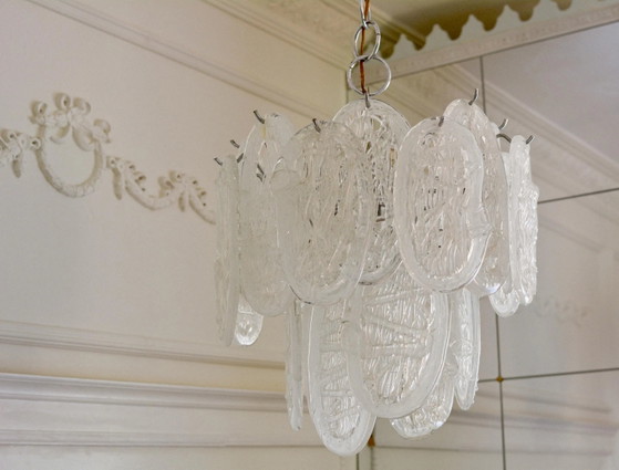 Vintage Kroonluchter van helder Murano glas met bladeren, chromen Italiaanse hanglamp, jaren 70 (photo 9 of 10)