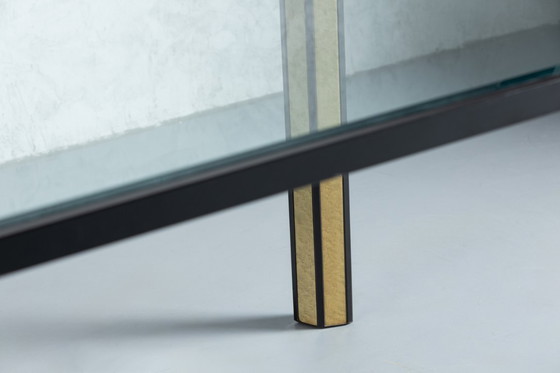 Image 1 of Vintage Saporiti stijl kristallen blad en zwart frame eettafel, Italië, jaren 1970