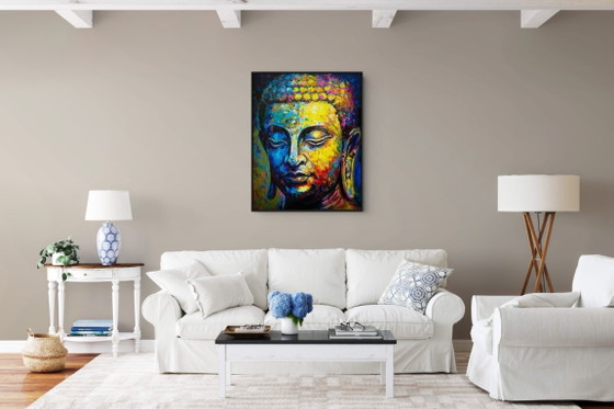 Image 1 of Unique hand-painted Buddha painting “Radiant Silence” – Seksak Jaichumchen – 80×100 cm