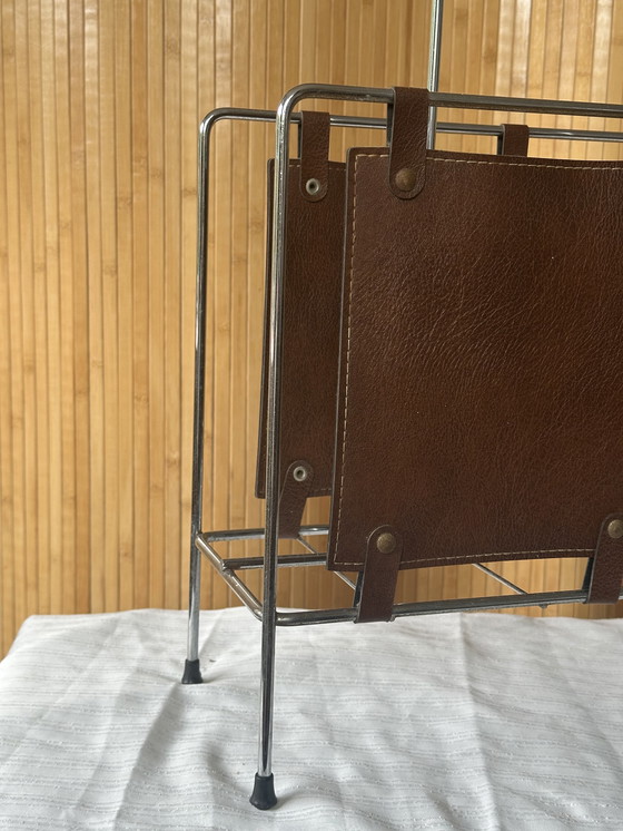 Image 1 of Vintage magazine rack chrome & leather