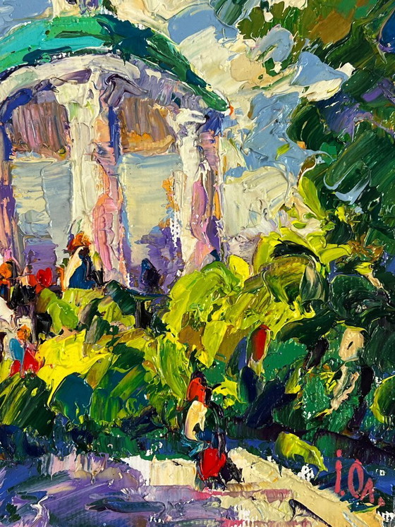 Image 1 of Peinture à l'huile originale représentant un paysage urbain estival dans un parc municipal