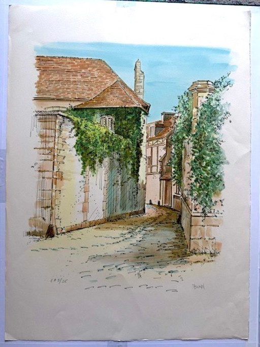 Original lithograph – "French village alley" – Edition 9/25 – Signed (Artist to be identified)