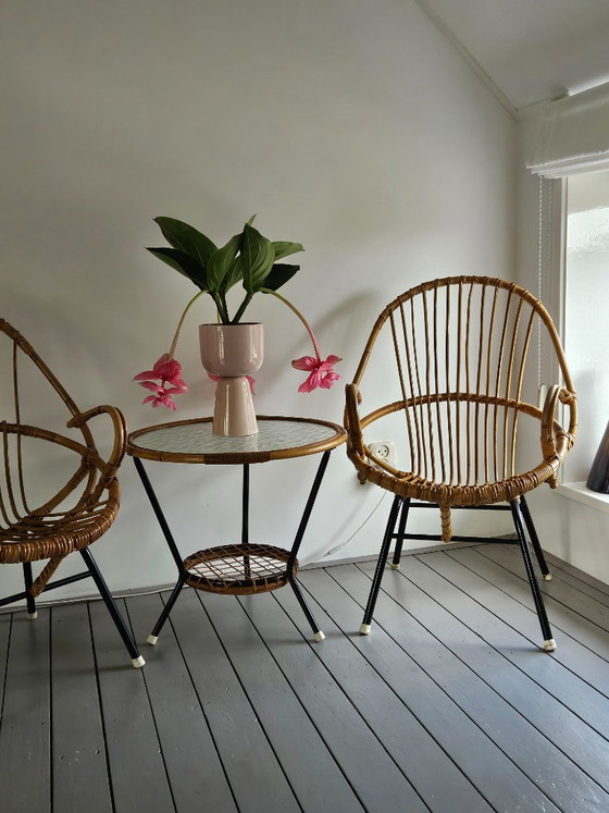 Set in Rattan Rohe Vintage – Rohé Noordwolde, Sedie da camera, Glass, Metal (photo 2 of 5)