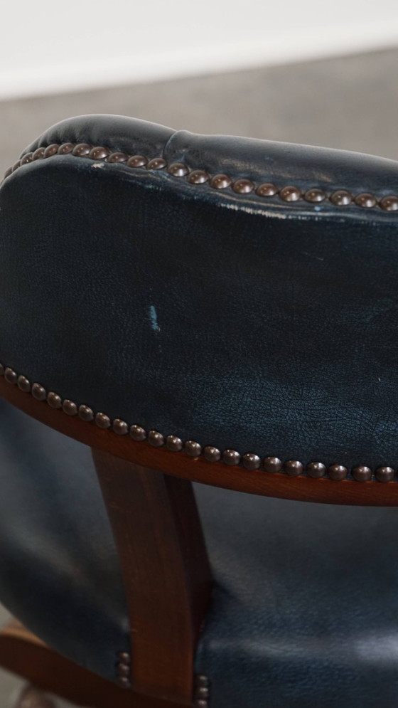 Image 1 of Blue cowhide leather and wood chesterfield office chair in English style