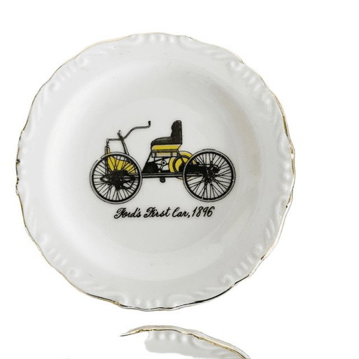 Vintage set petit four bordjes porselein onderzetters oldtimers decoratie 1960's